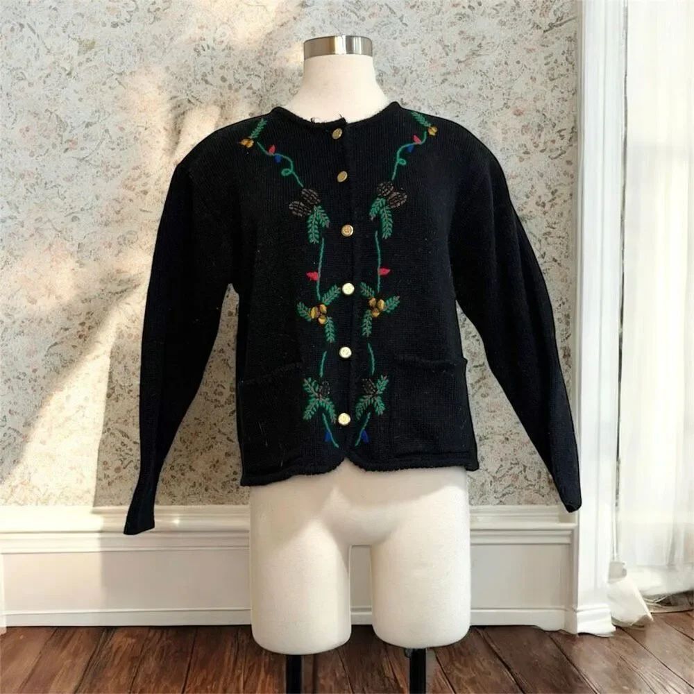 Tally Ho Black Christmas Acrylic Cardigan Sweater Grandpa Fair Isle Large XL